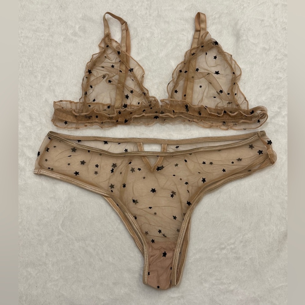 Sheer Nude Star Lingerie Set L Mesh Bralette Thong Festival Rave